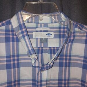 Old Navy Mens XL Slim Fit Short Sleeve Button Down Plaid Shirt Blue Pink White